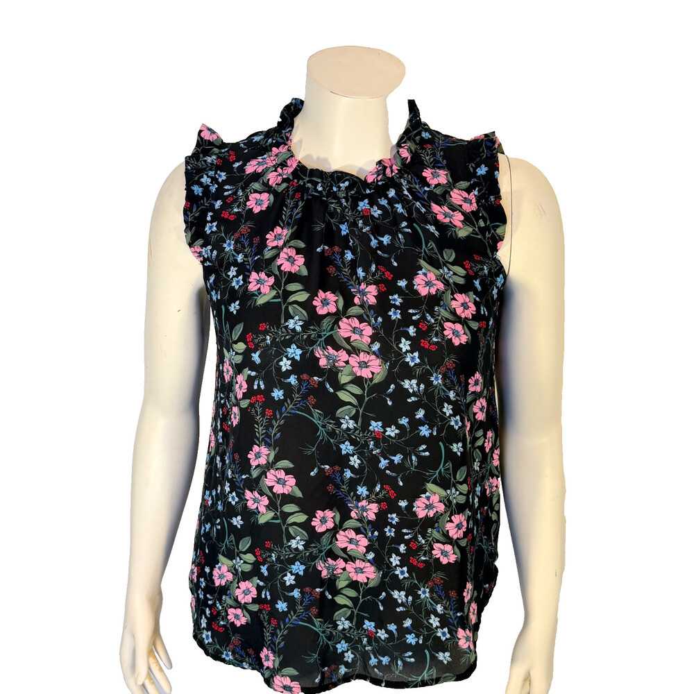 Spense Tank Blouse Womens M Midnight Floral Ruffle Cap Sleeve Ruffle Neck